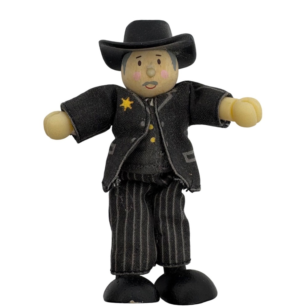 Ryans Room Wooden Sheriff Action Figure Cowboy Pinstripe Suit Black Hat 4 Inch